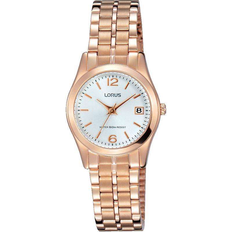 Ladies quartz wristwatch with rose gold-tone metal bracelet and white dial, hour markers