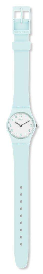 Girls silicone strap watch, side view with light-green band and buckle, round white dial