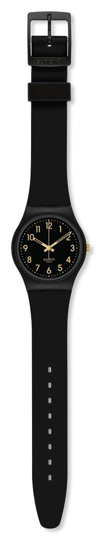 Swatch black silicone strap watch with rectangular clasp and stitched strap holes