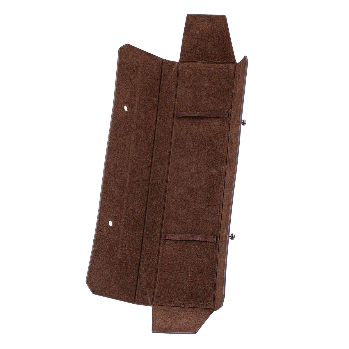 Brown leather watch strap holder with slots and metal fasteners