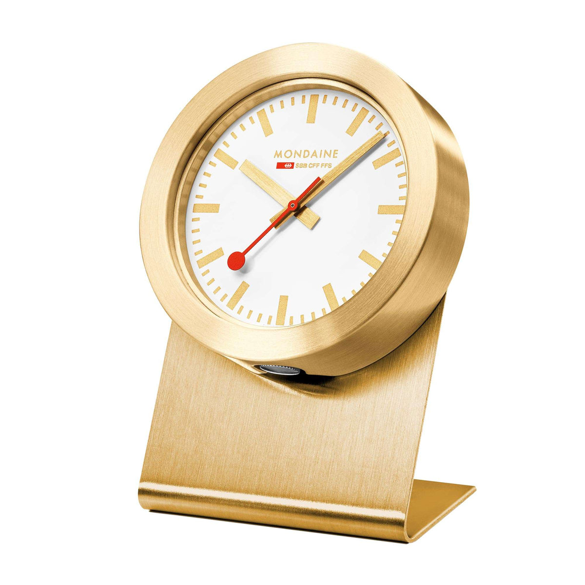 Gold desk clock with white dial, red and gold hands, quartz movement, metal stand