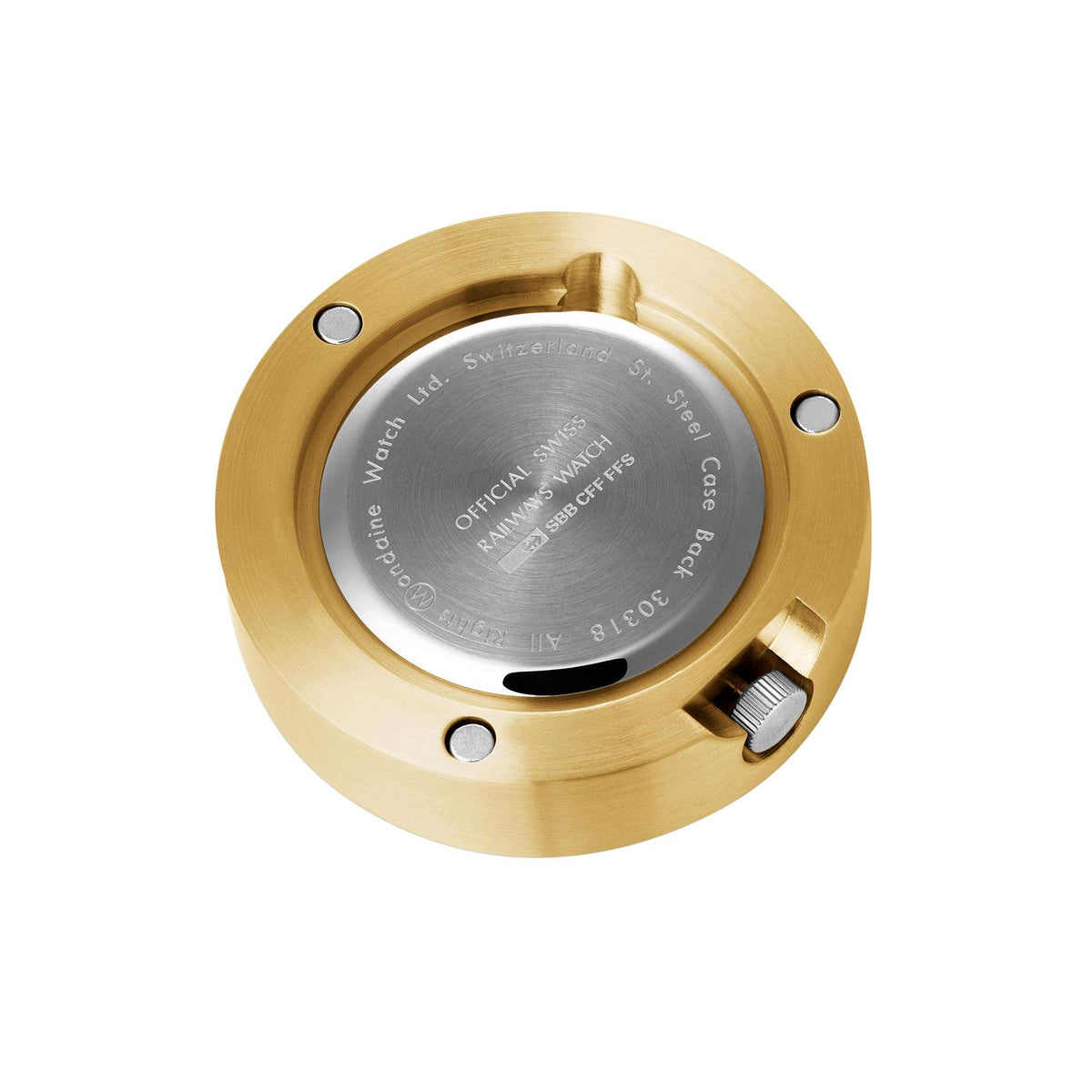 Gold back of quartz clock with engraved cover and adjustable knob, mounting holes