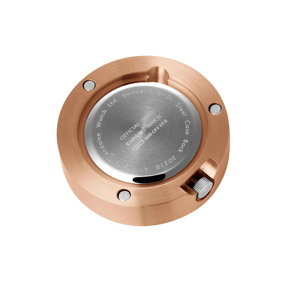 Mondaine Magnet Clock A660.30318.82SBK back case showing engraved brand details and magnetic rear surface