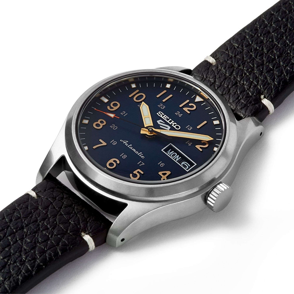 Men's automatic wristwatch angled view, blue dial with date window, black leather strap