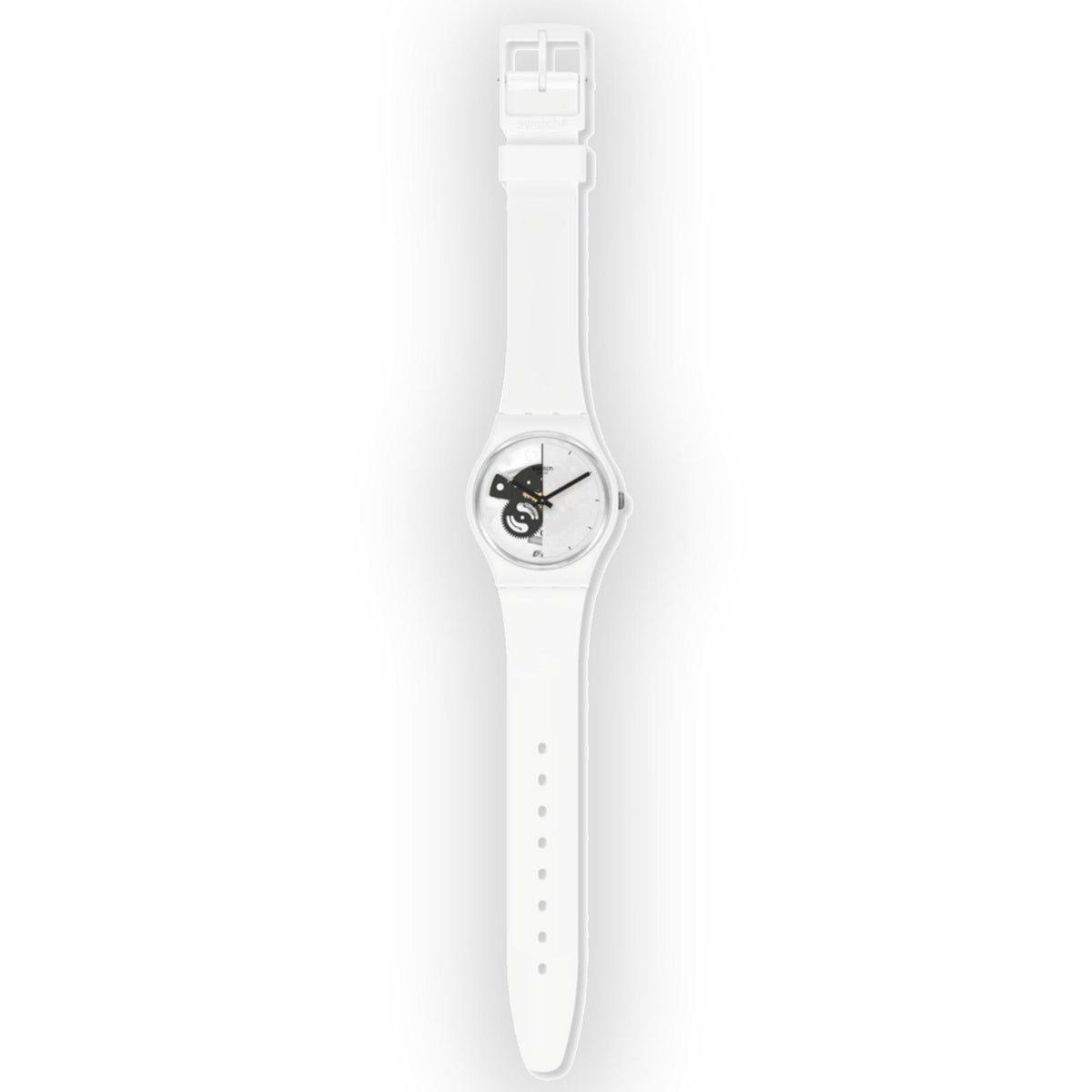 White unisex quartz watch on wrist strap, round dial with black hands