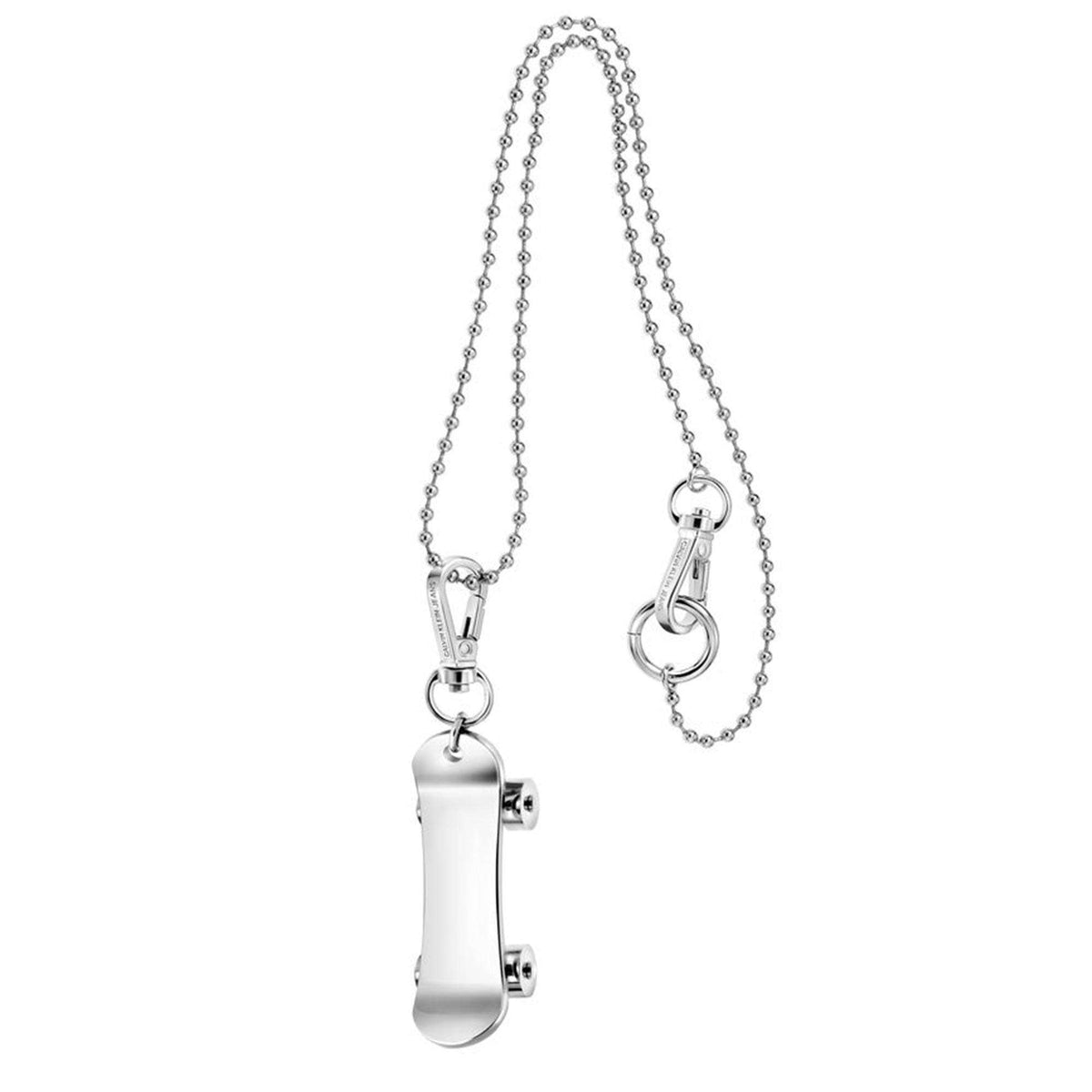 Stainless steel skateboard charm necklace with double chains and lobster clasp closure.