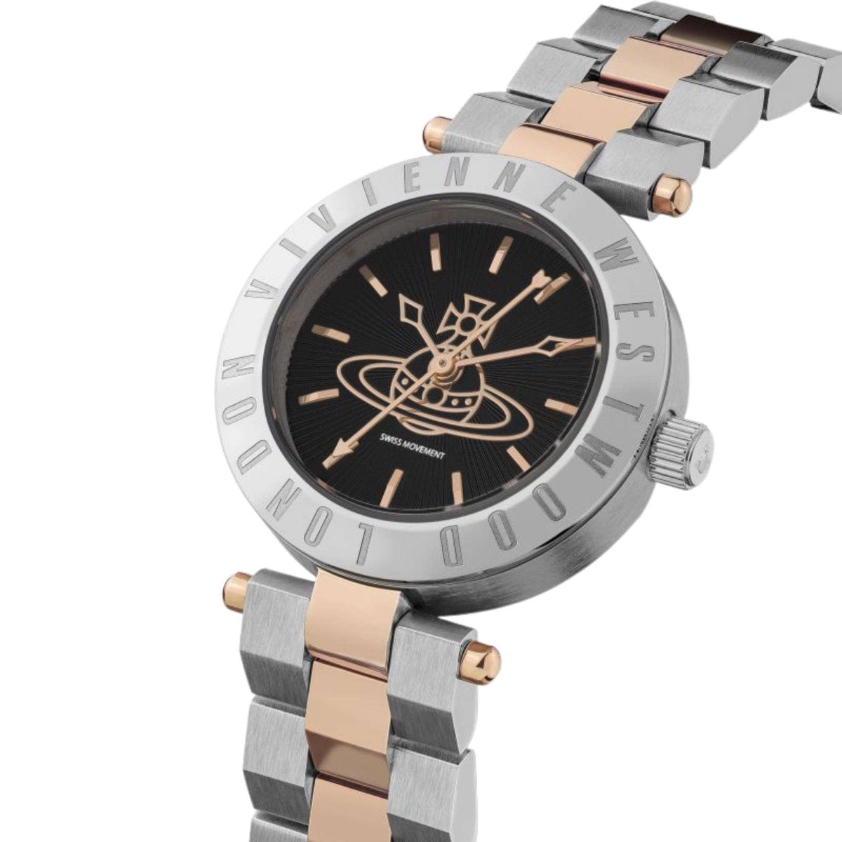 Round stainless steel watch with black dial, gold-tone hands, two-tone link bracelet