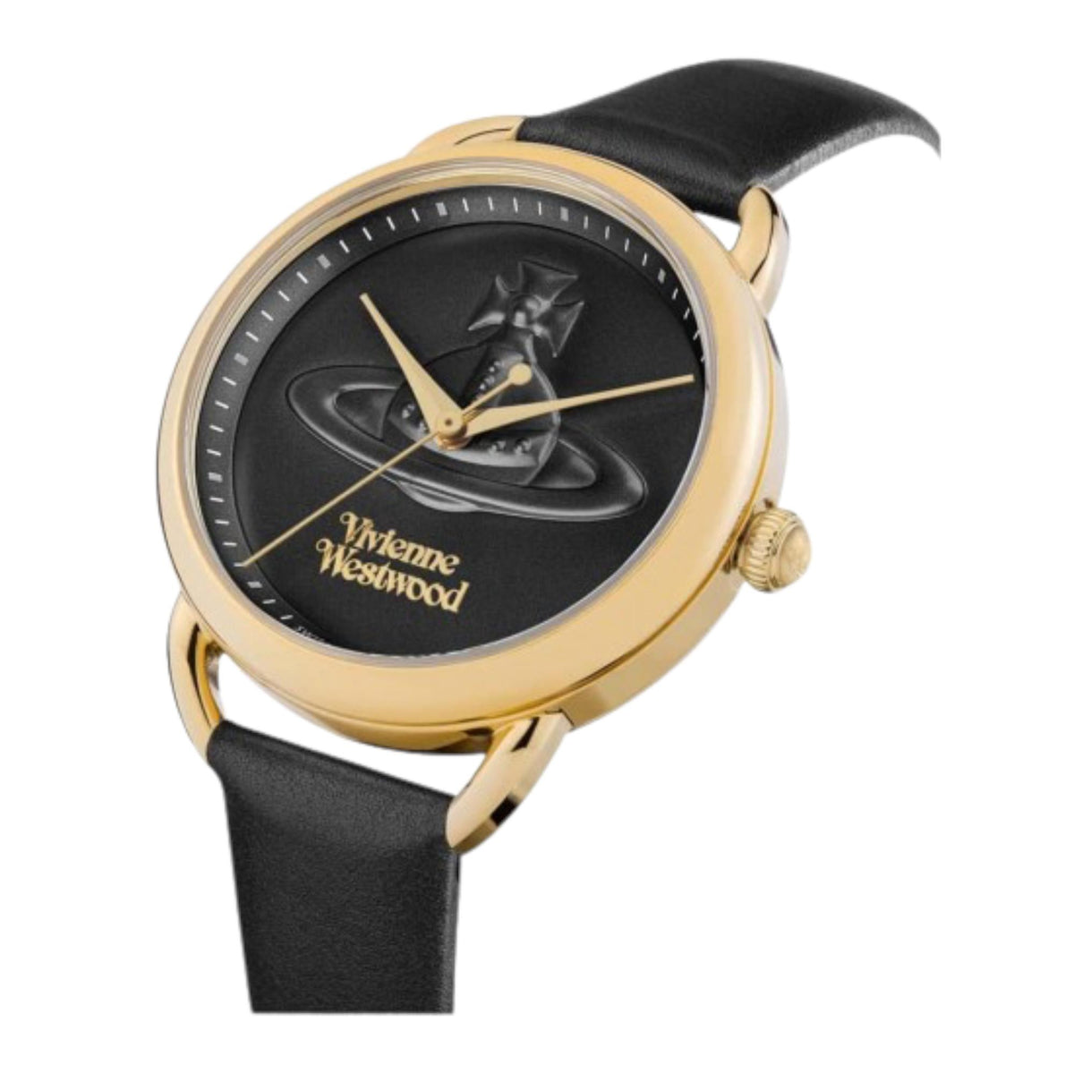 Ladies leather strap watch, black dial with gold hands and Vivienne Westwood ring motif