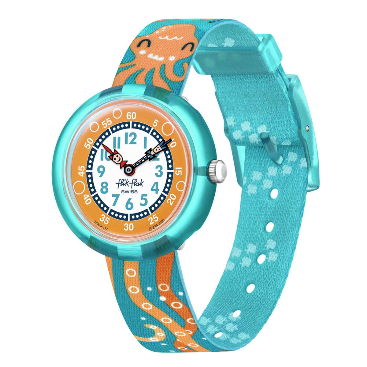Kids quartz wrist watch in teal with orange dial and teal dotted strap with orange accents