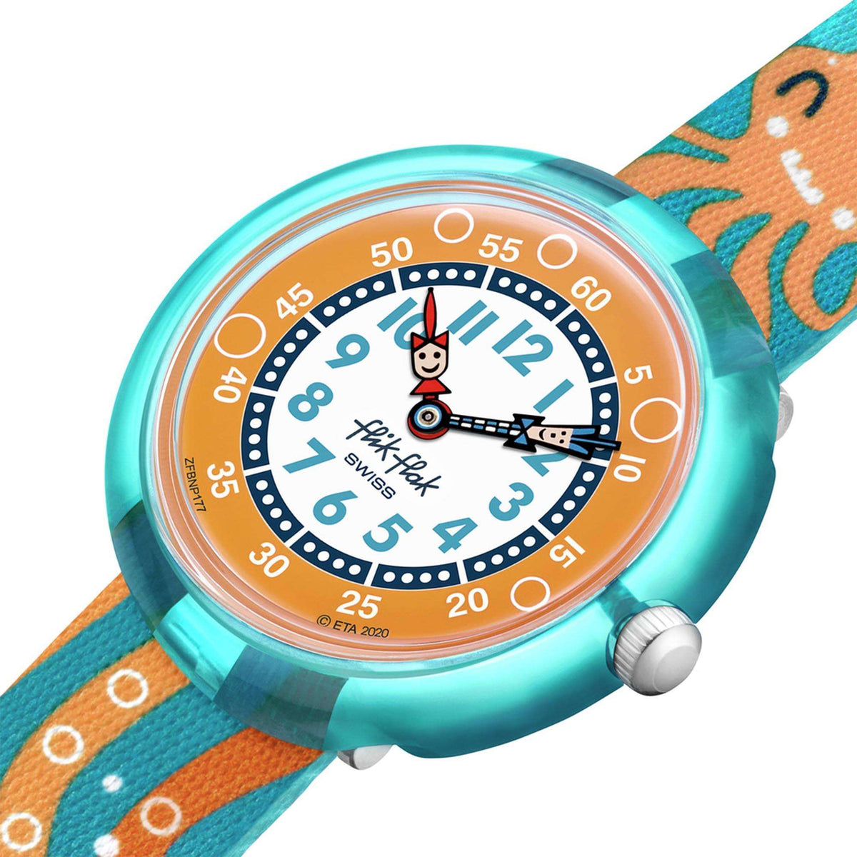 Close-up kids watch face with teal hands and orange dial, plus silver crown detail