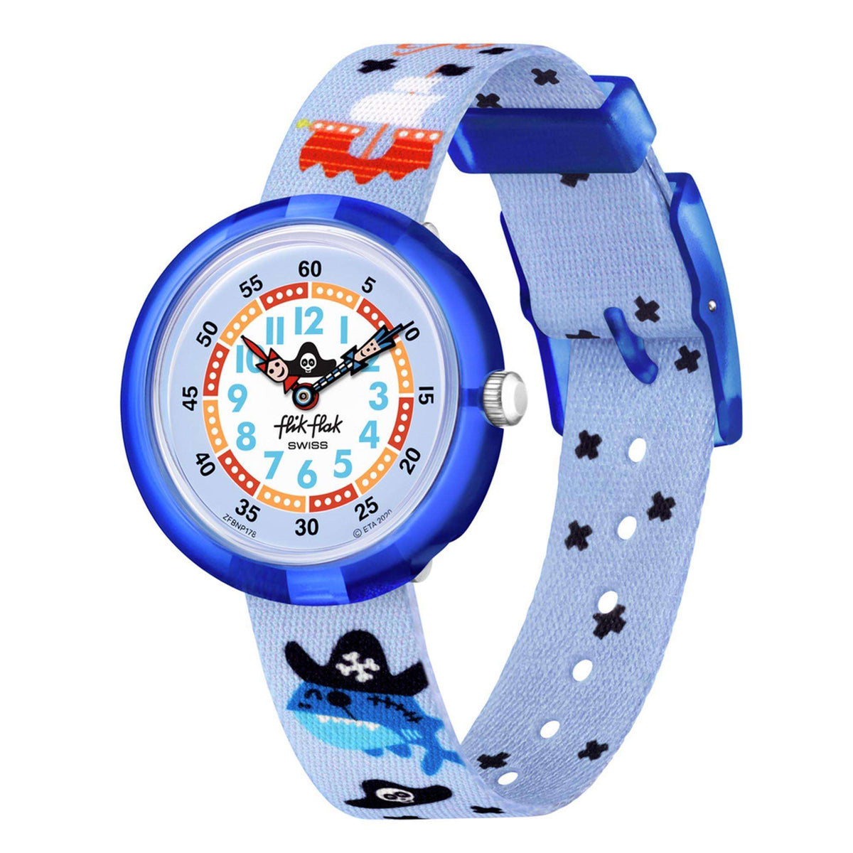 Kids quartz wristwatch with blue dial and light blue fabric strap, pirate ship pattern.