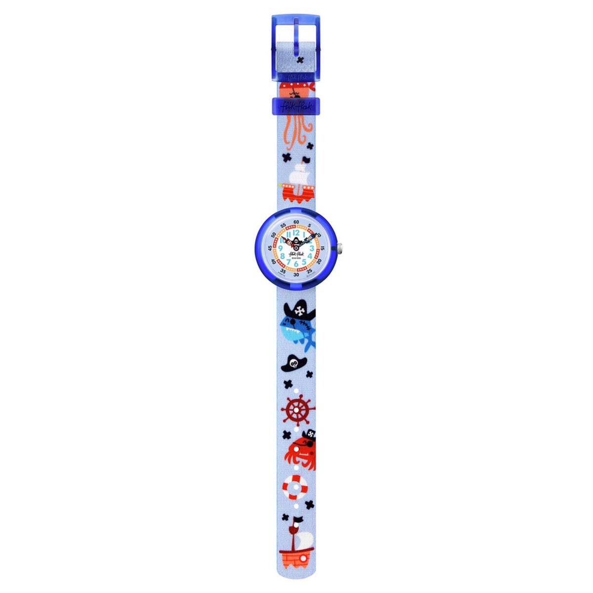 Kids quartz wristwatch with blue dial and long light blue fabric strap covered in pirate icons.