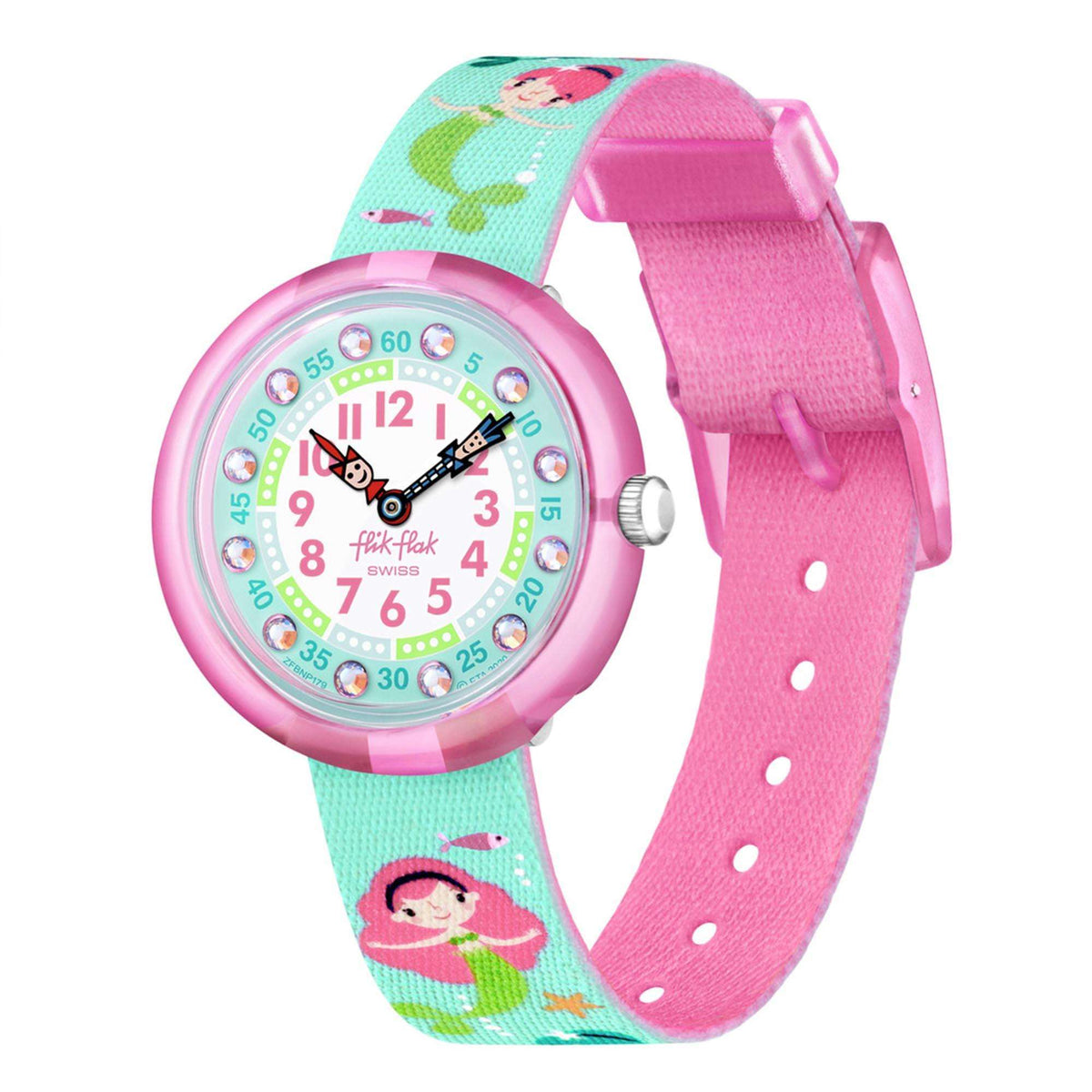 Kids quartz wristwatch with pink bezel, blue dial, two-tone fabric strap with mermaid print