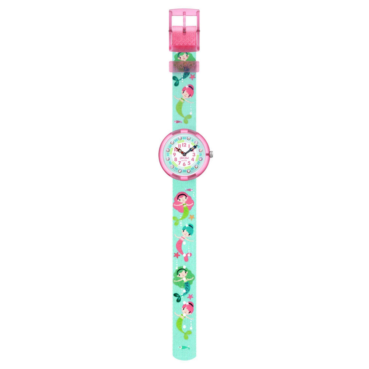 Kids quartz wristwatch with teal fabric strap, mermaid/star pattern, pink clasp, round blue dial