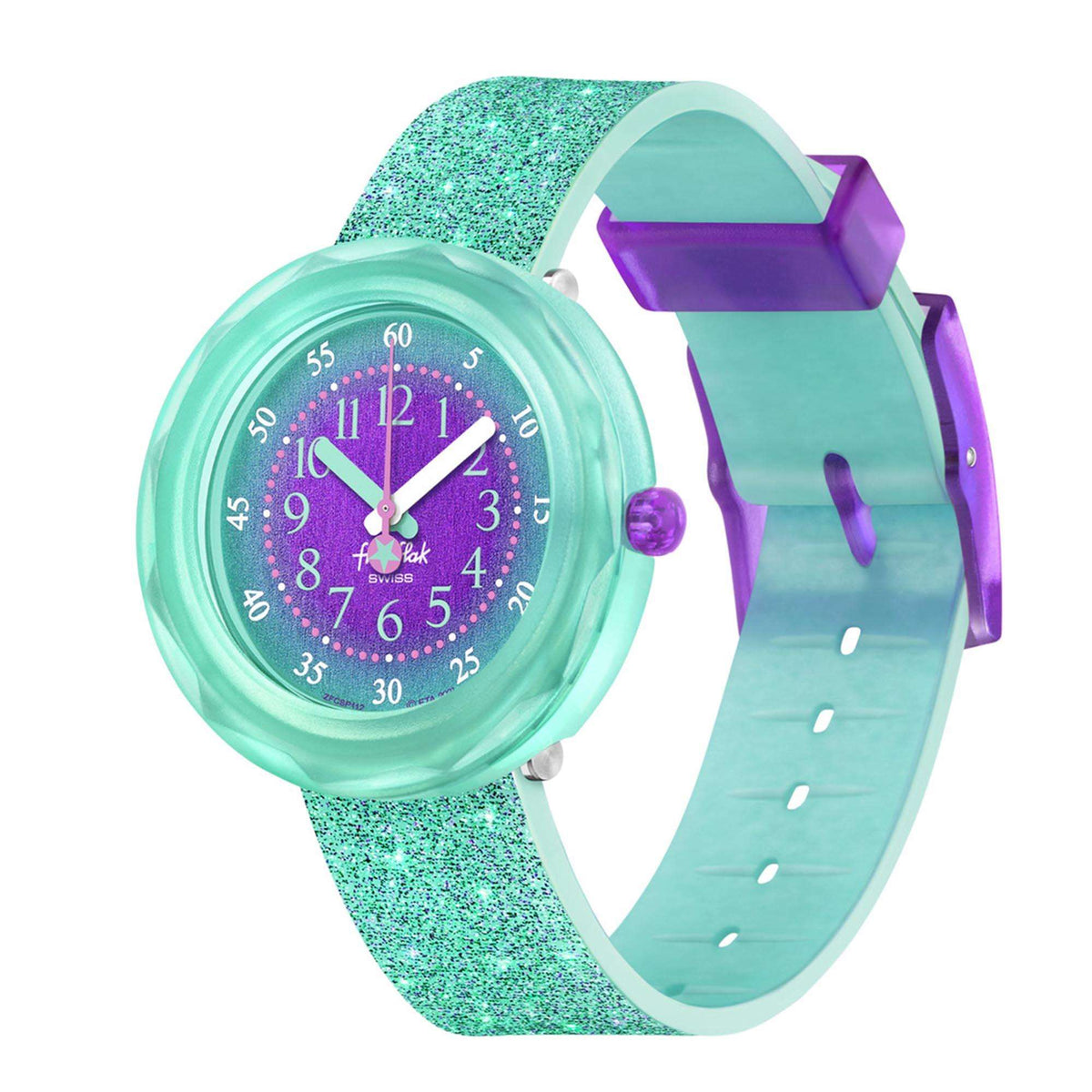 Kids quartz watch with mint glitter strap, purple dial, and purple hour/minute hands.