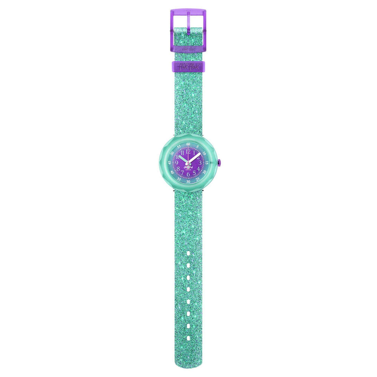 Kids watch on mint glitter strap with small purple bezel and violet dial.