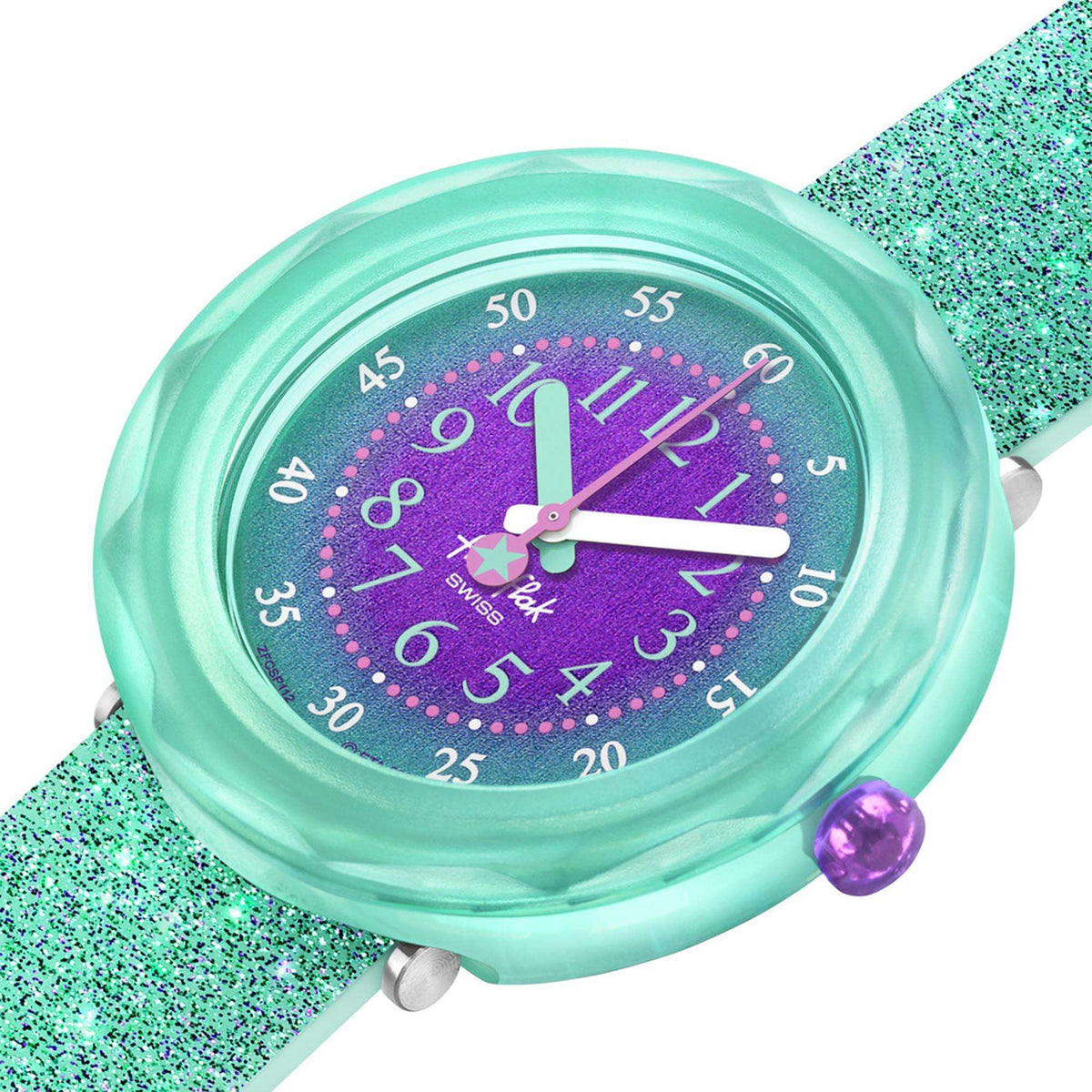 Round mint case with purple dial, light hands, and minute markers on kids watch.
