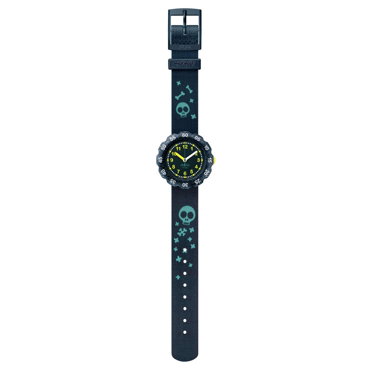 Kids wristwatch with long blue strap and skull icons; dark green dial with yellow markers