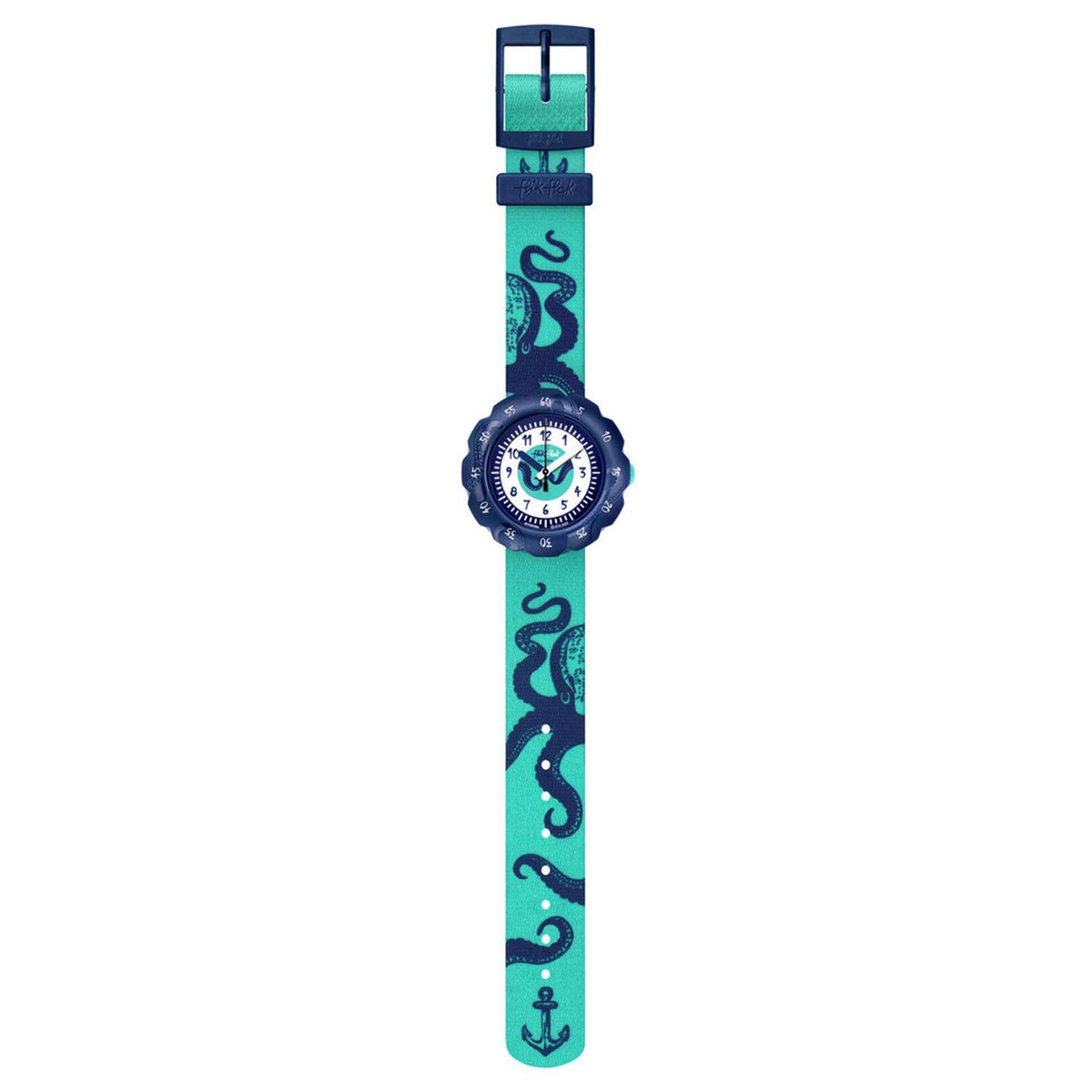Kids octopus strap watch with dark blue clasp and white dial on green patterned band