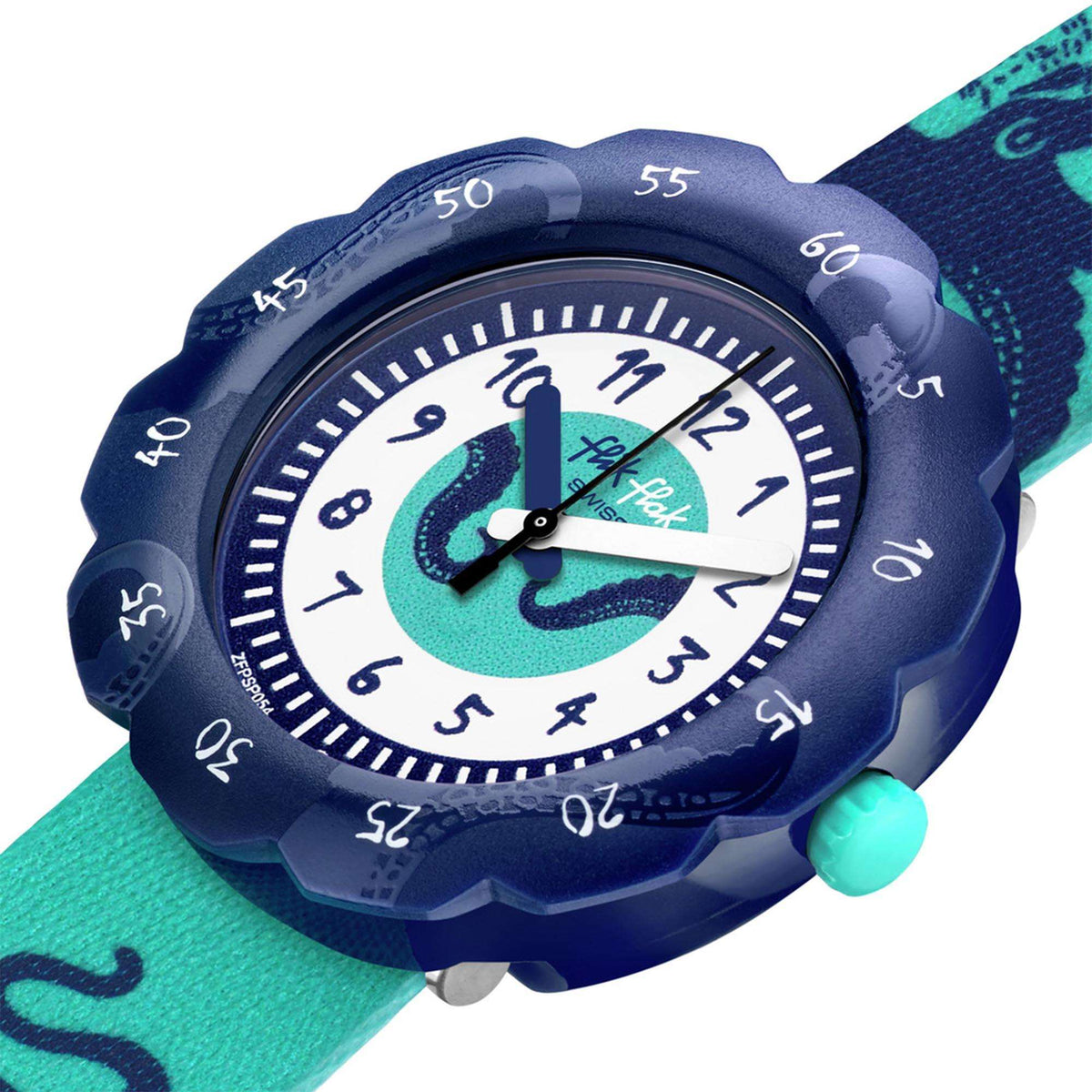 Kids octopus quartz watch close-up: white dial, dark blue bezel, green strap