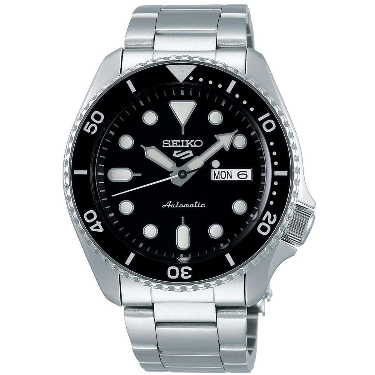Seiko 5 Sports stainless steel men's automatic watch with black dial and silver bracelet