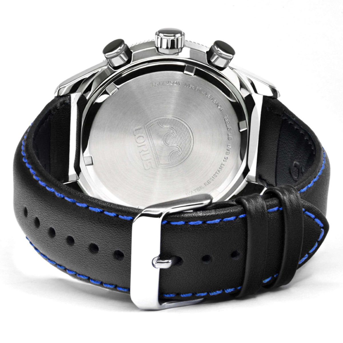 Sport quartz wristwatch back view, steel caseback, black leather strap with blue stitching