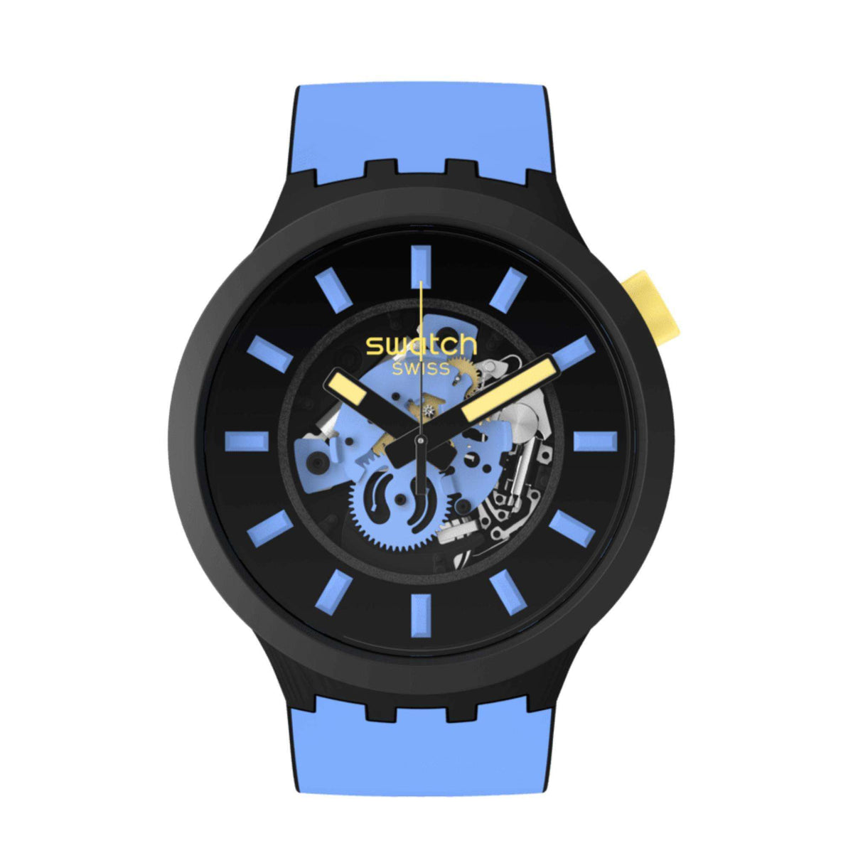 Unisex skeleton watch, blue silicone band and black case, visible gears, gold hands