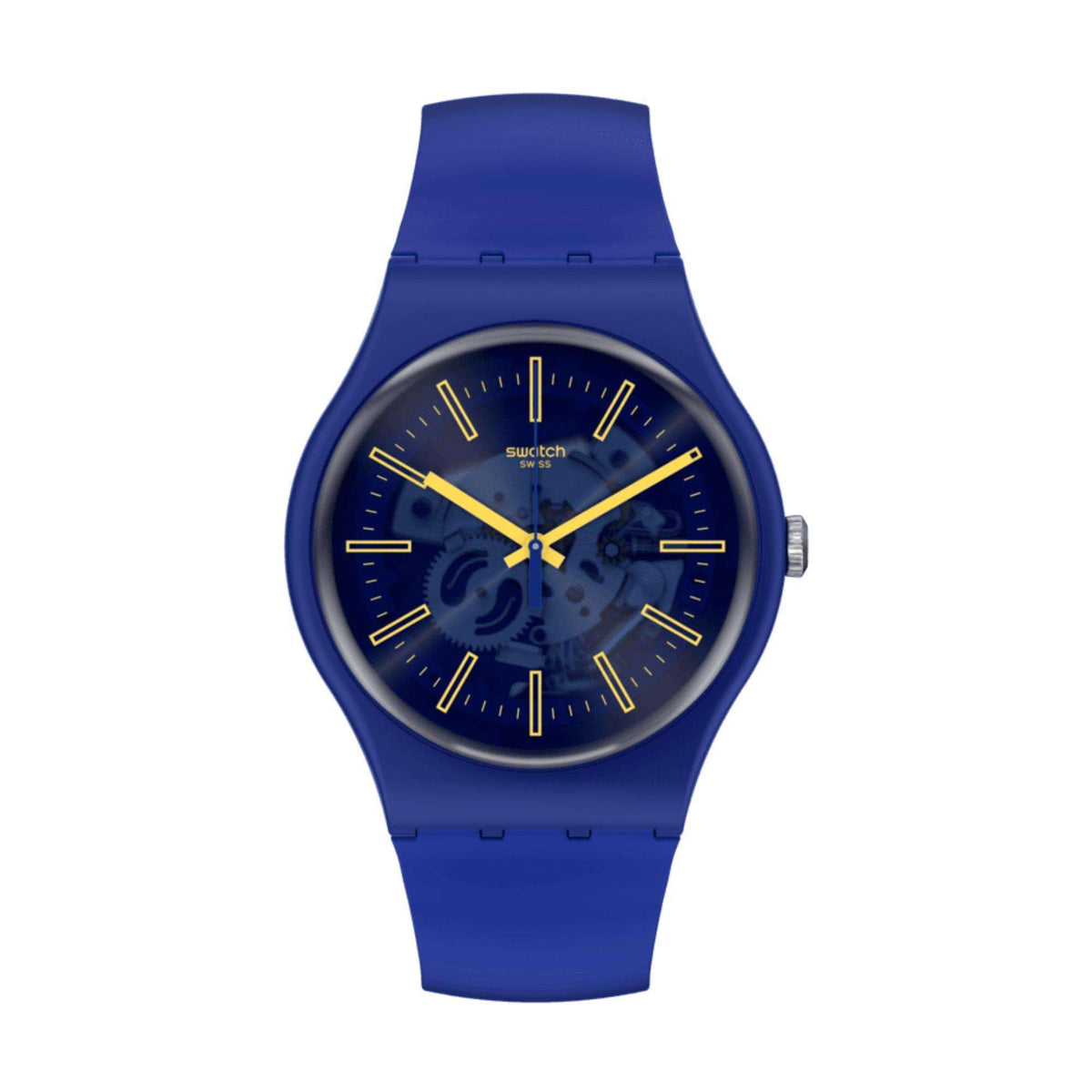 Blue silicone strap quartz watch with blue dial and gold-tone hands and hour markers