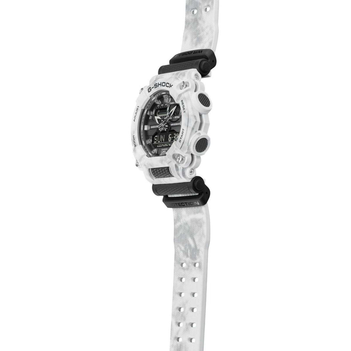 Casio G-Shock men’s quartz wristwatch side view with grey camo case and perforated light resin strap