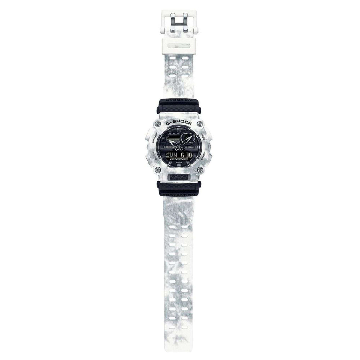 Casio G-Shock men’s quartz wristwatch top view with grey camo case and light resin strap