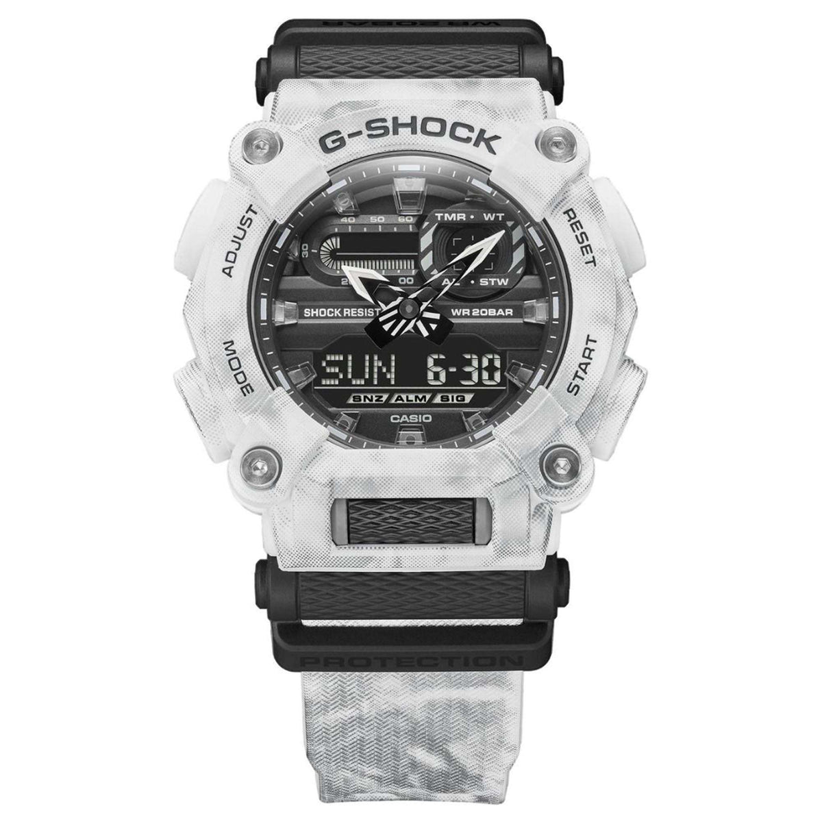 Casio G-Shock men’s quartz wristwatch with black digital display, grey camo case, black strap