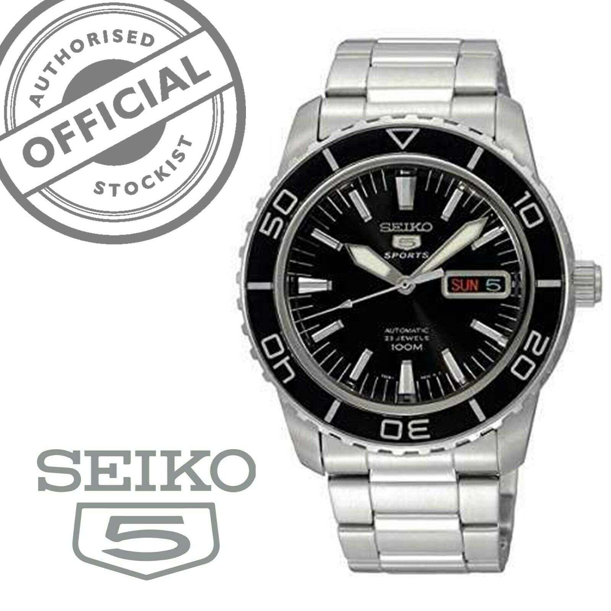 Seiko 5 Sports Automatic Black Dial Stainless Steel Bracelet Men's Watch SNZH55K1 - WatchNation