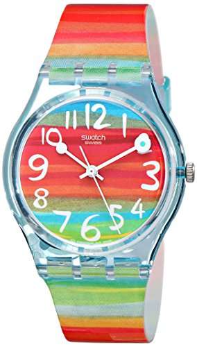 Ladies rainbow stripe analog watch with red dial, blue number markers, clear bezel