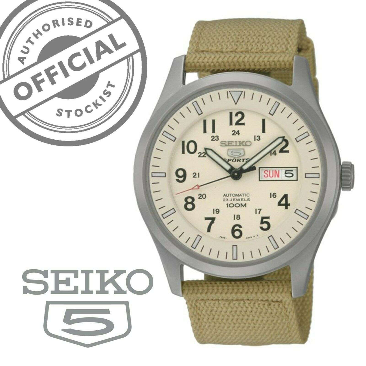 Seiko 5 Sports automatic watch with cream dial, canvas strap, and day-date display