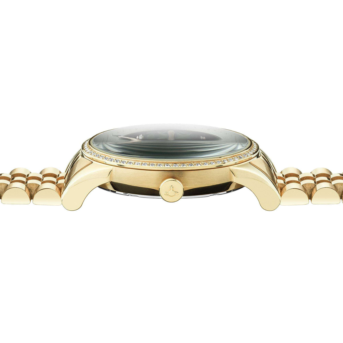 Gold-tone watch case with round crystal bezel and crown on linked metal bracelet