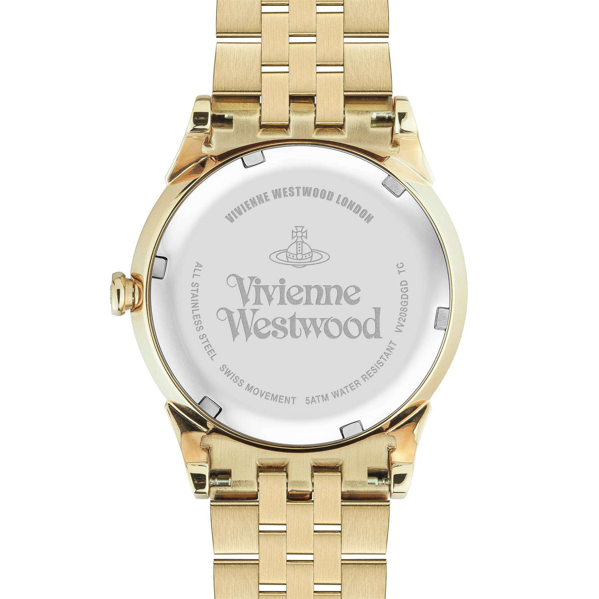 Gold-tone watch caseback with branded face, markers, and linked metal bracelet