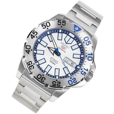 Men's stainless steel sport watch with white dial, blue bezel, and metal bracelet