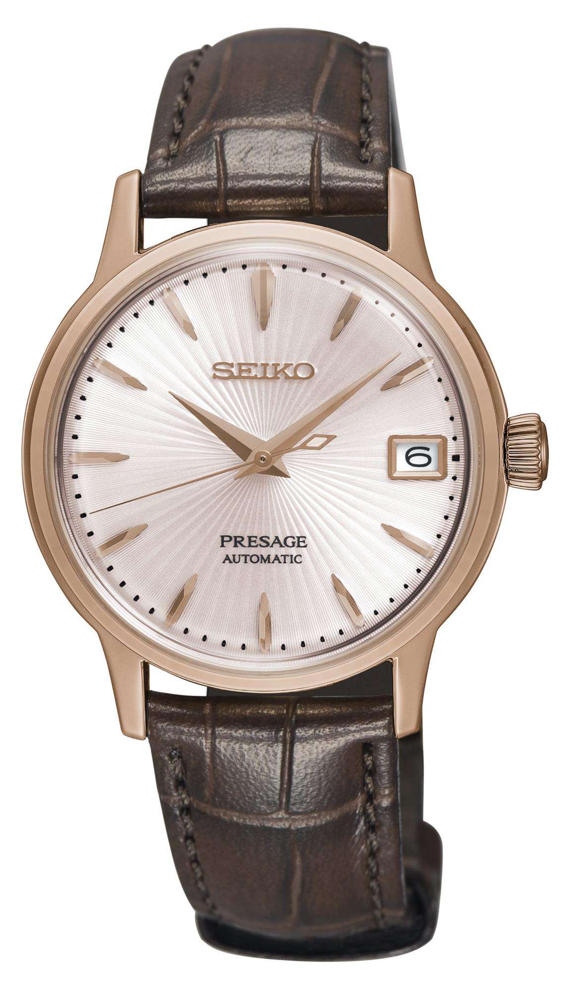Seiko Presage ladies automatic watch, rose gold case, white dial with date, brown leather strap