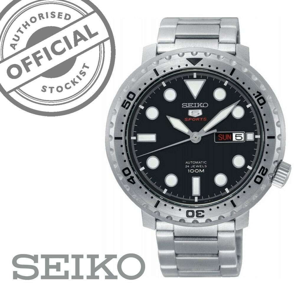 WatchNation authorised official stockist seal with Seiko 5 Sports watch and silver strap