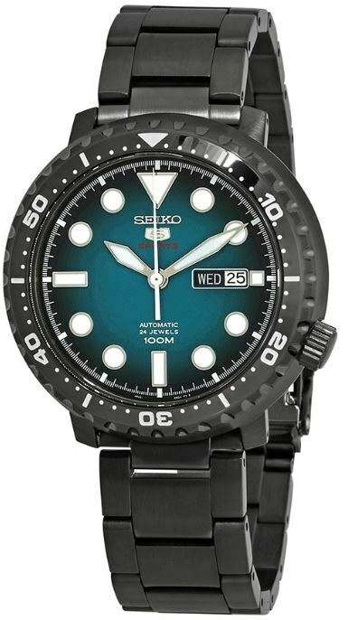 Men's automatic diver watch with turquoise dial, bold markers, black bezel, black bracelet