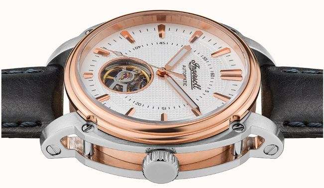 Automatic watch with rose-gold case and black leather strap, side profile view