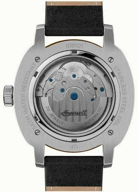 Men's automatic watch with see-through caseback, showing gears under a black leather strap.