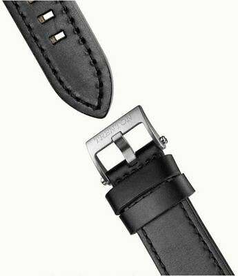 Black leather watch strap with metal buckle and stitched keeper
