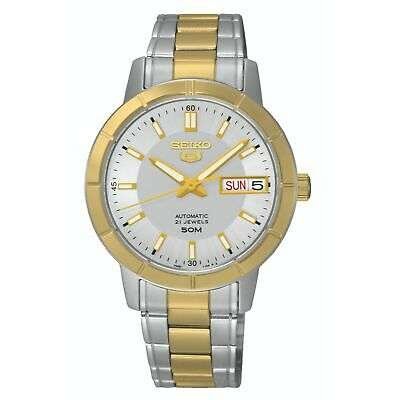 Two-tone stainless steel ladies watch with white dial, gold bezel, day-date window