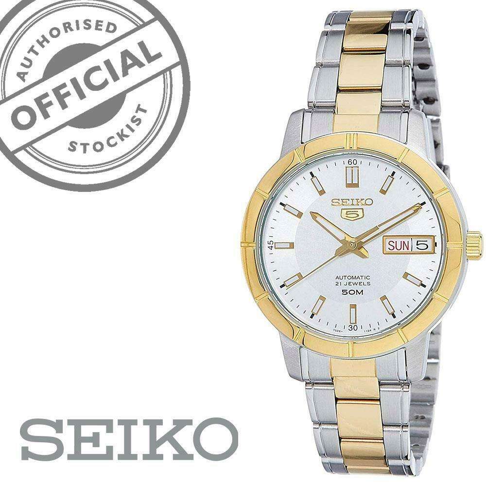 Two-tone stainless steel watch, white dial with gold hands and markers, day-date display