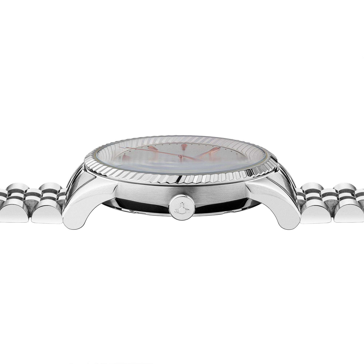 Silver watch case side with ridged bezel, crown detail, and stainless steel bracelet