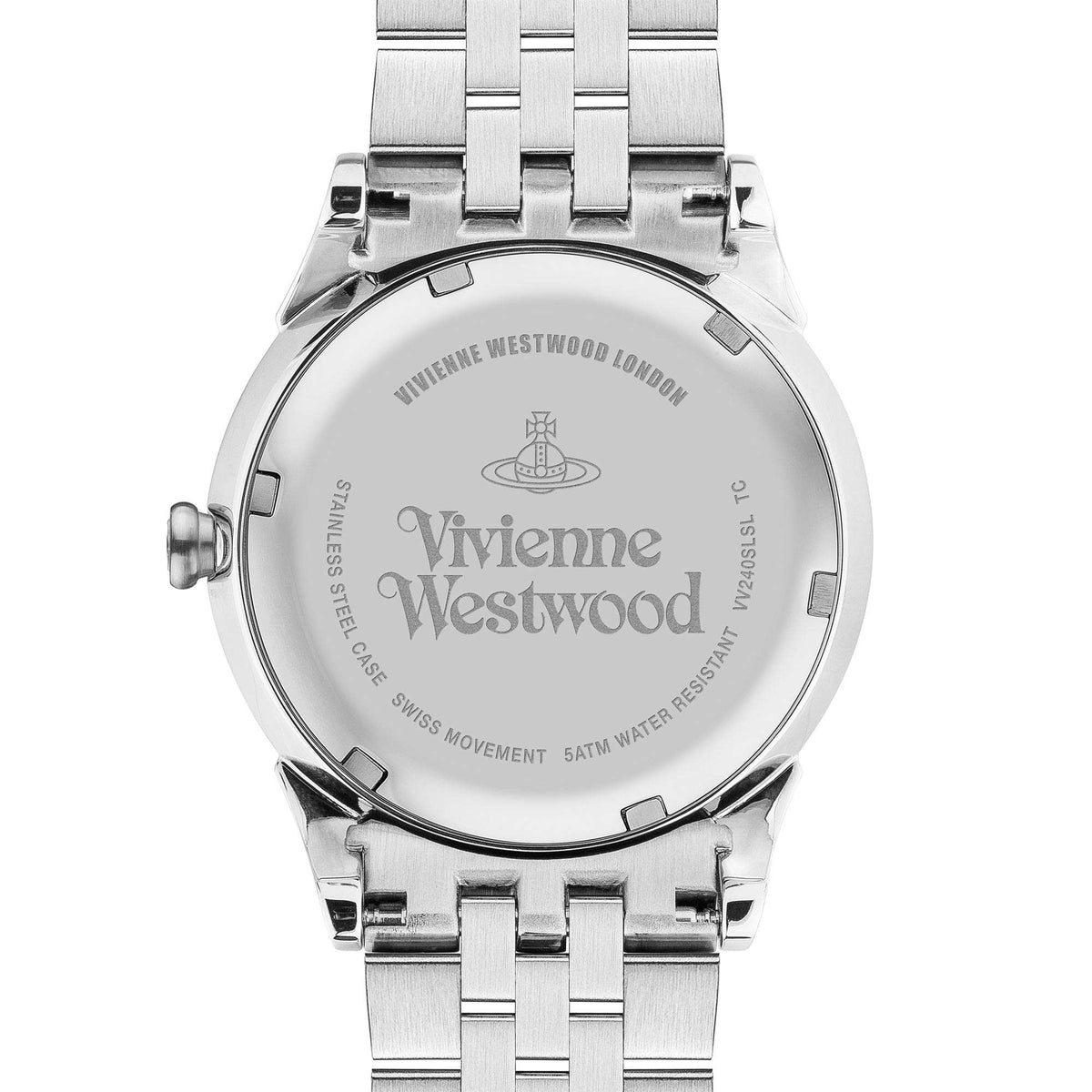 Silver stainless steel watch back with engraved Vivienne Westwood London text and icon