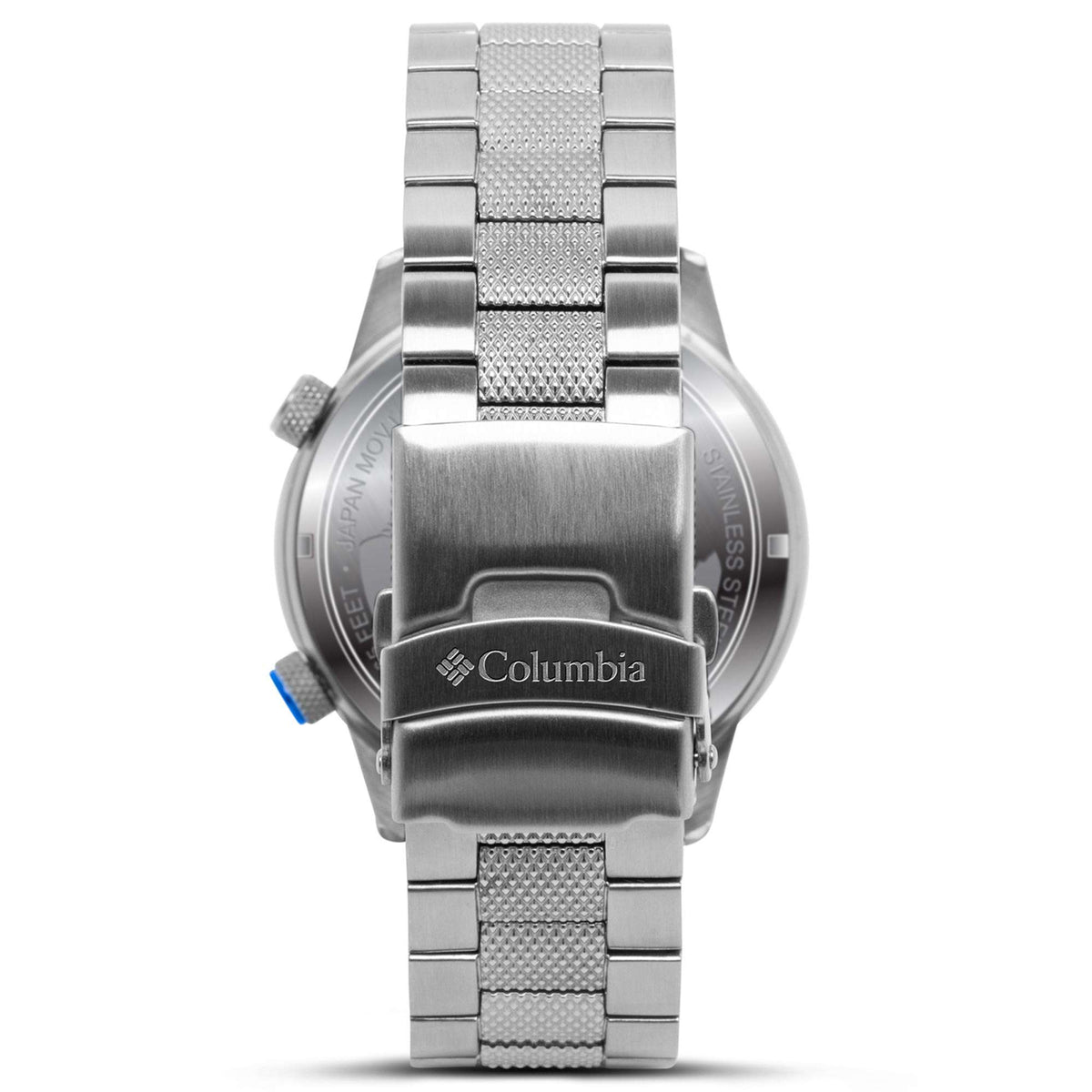 Men's stainless steel watch case back with engraved logo on metal bracelet