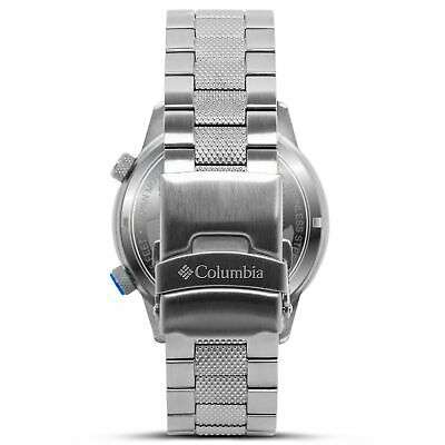 Men's stainless steel watch case back and bracelet with blue adjustment button