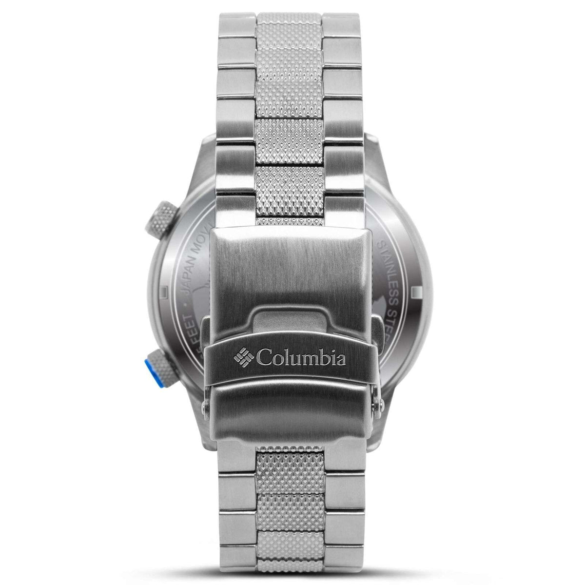Stainless steel men's watch case with engraved logo and textured silver bracelet links